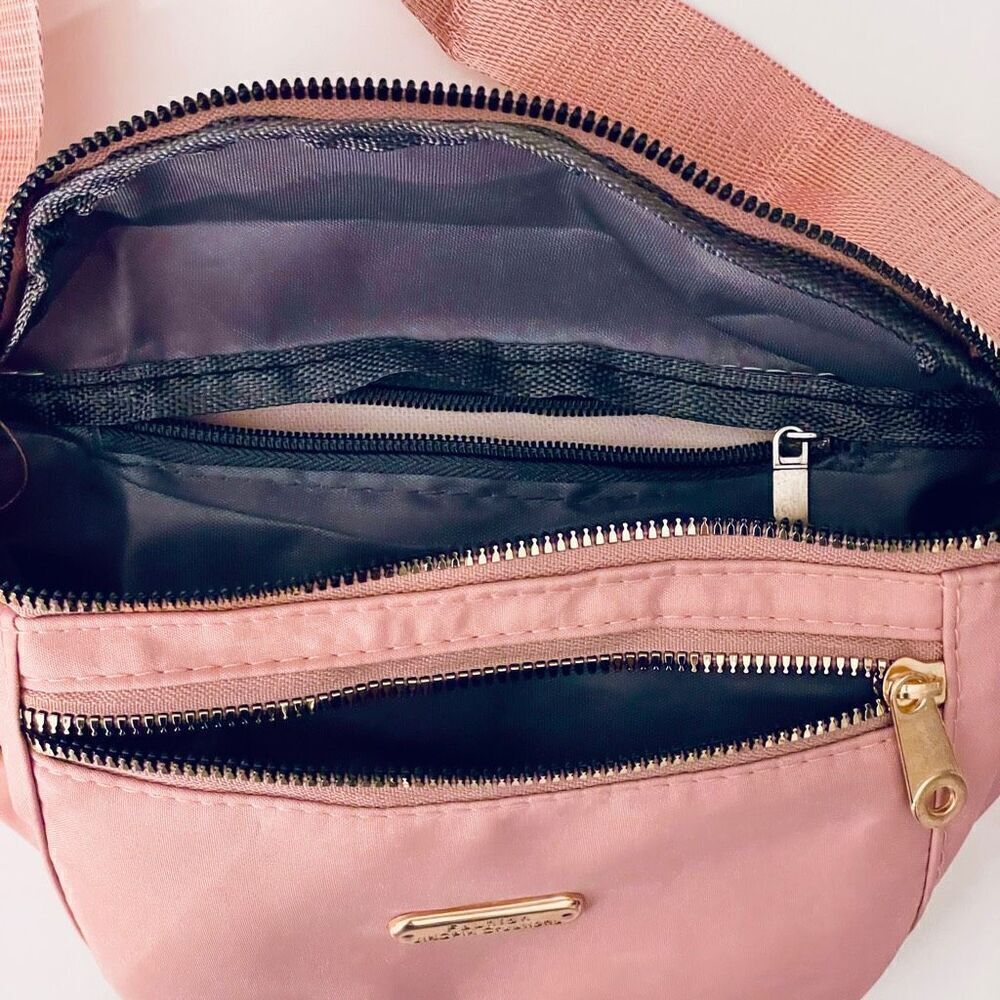 NWT Gorgeous Pink Nylon Sling Bag Fanny Pack with double gold zipper - Picture 3 of 12